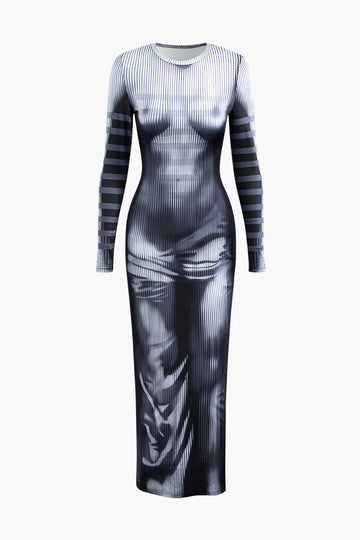Body Print Round Neck Long Sleeve Maxi Dress