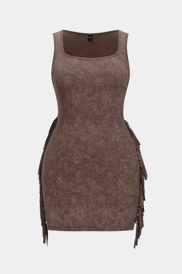 زائد حجم ربطة التعادل طباعة هامش مربع الرقبة بلا أكمام فستان صغير