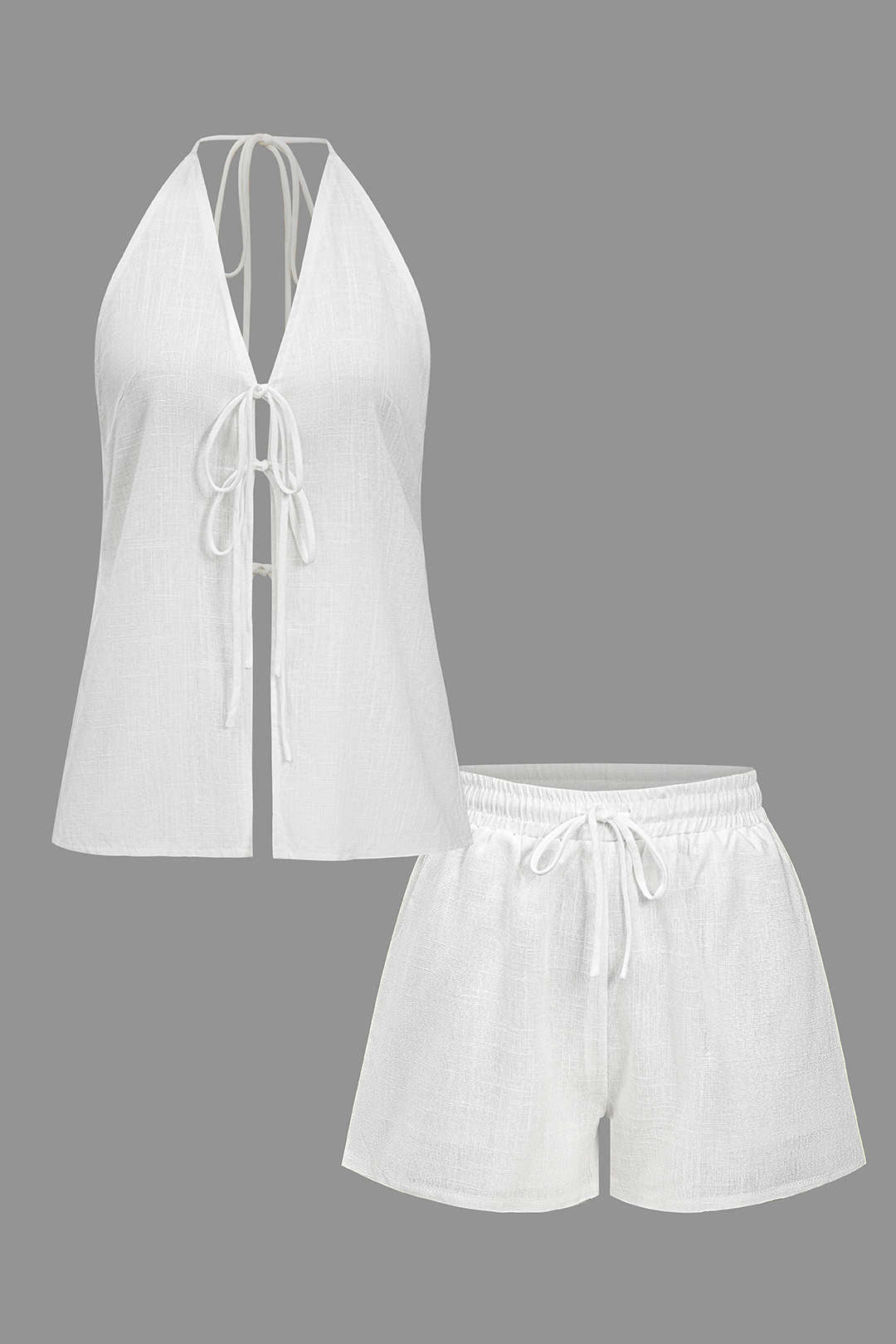 Solid V-neck Tie Front Halter Top And Short Set