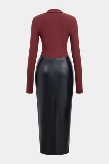 Faux Leather Patchwork Mock Neck Ruched Long Sleeve Midi Dress