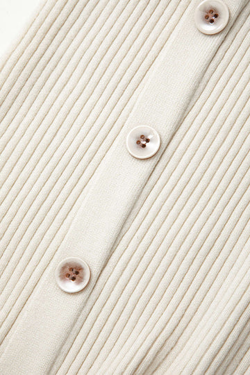 V-neck Rib Knit Collar Button Long Sleeve Midi Dress