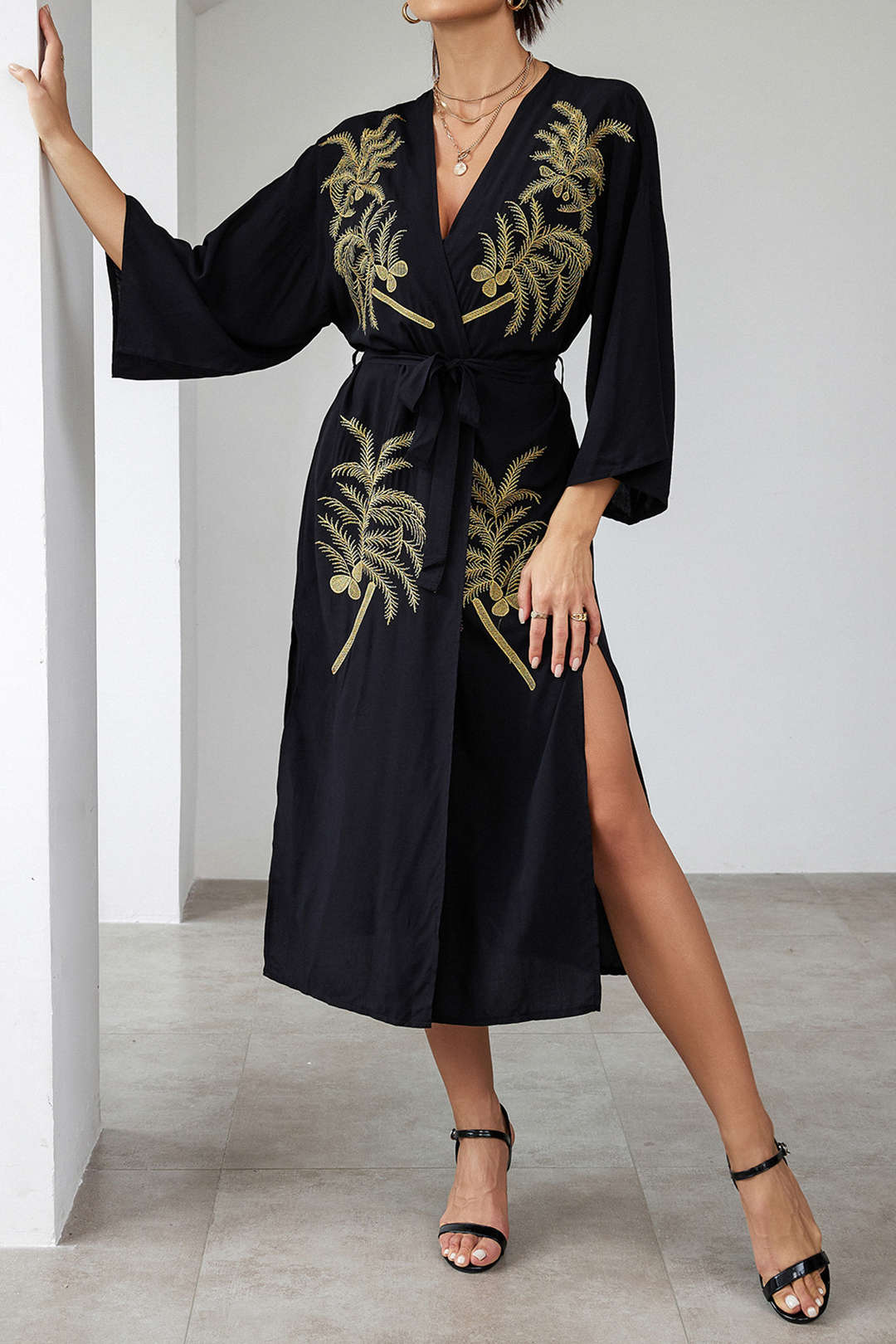 Coconut Tree Embroidery Belted Cover Up