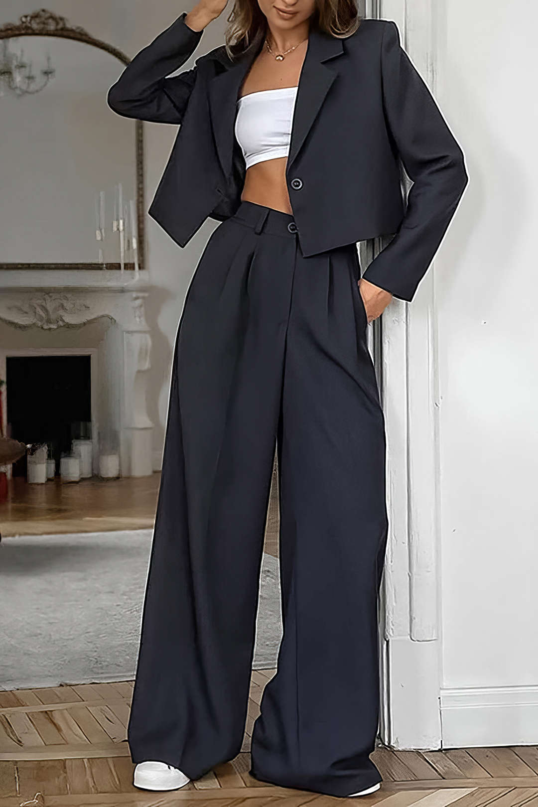 Notched Lapel Blazer And High Waist Trousers Set