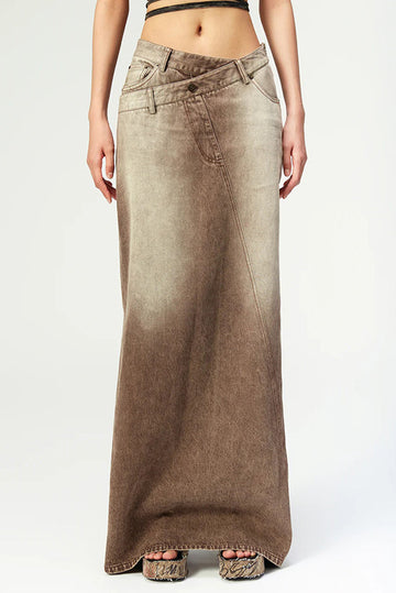 Faded Asymmetric Waist Denim Split Maxi Skirt