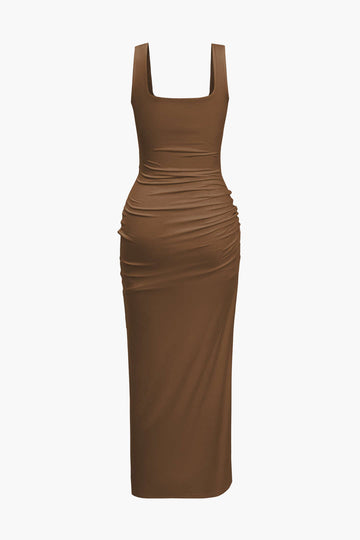 Solid Twist Front Cut Out Slit Midi Dress