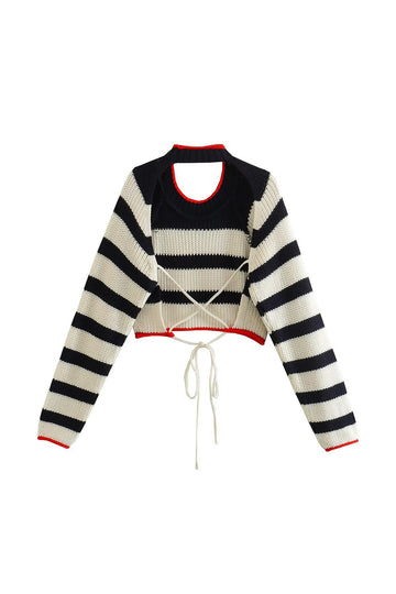 Contrast Stripe Backless Long Sleeve Knit Top