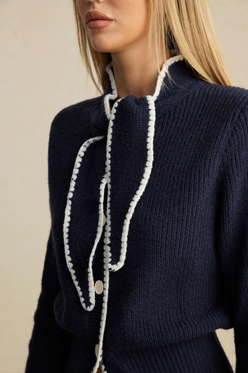 Knit Contrast Button Tie-Up Cardigan