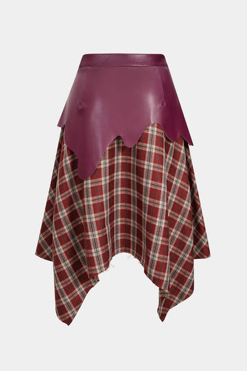 Plus Size Plaid Print Faux Leather Zipper Patchwork Skirt