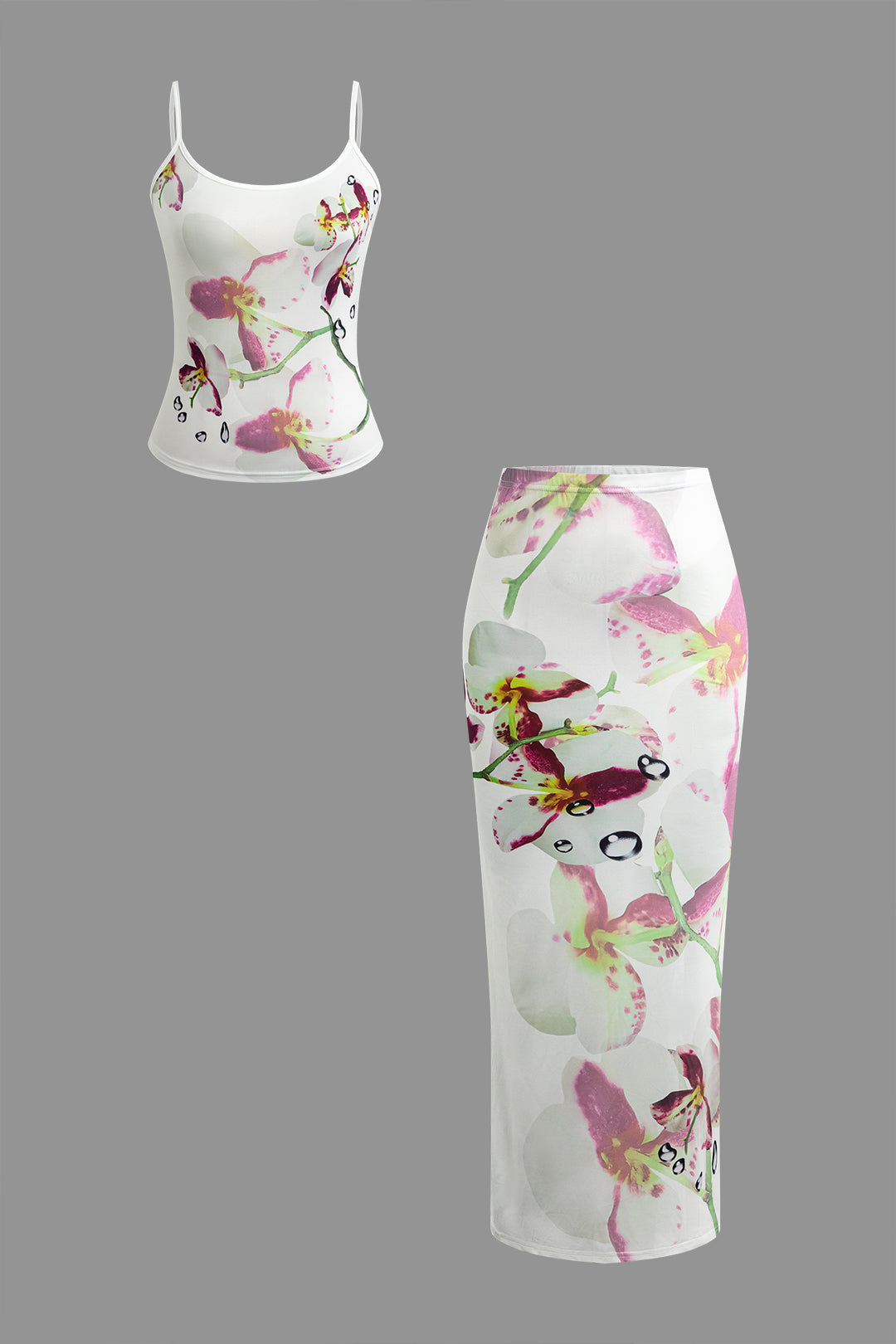 Orchid Print Cami Top and Slit Skirt Set