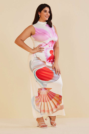 Plus Size Floral Print Mock Neck Slit Sleeveless Maxi Dress