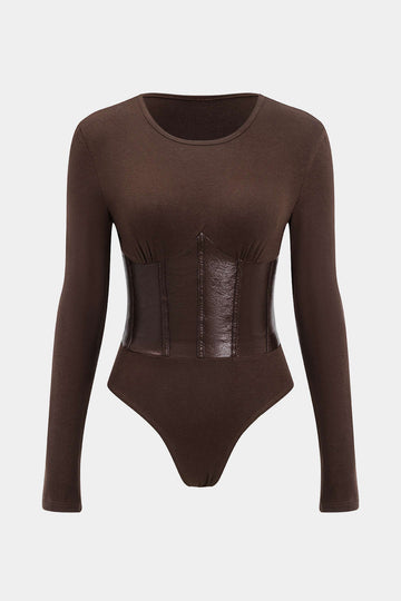 Patchwork Faux Leather Long Sleeve Bodysuit