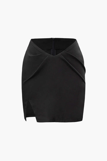 Notched Lapel Tie Back Crop Blazer And V-Waist Split Mini Skirt Set