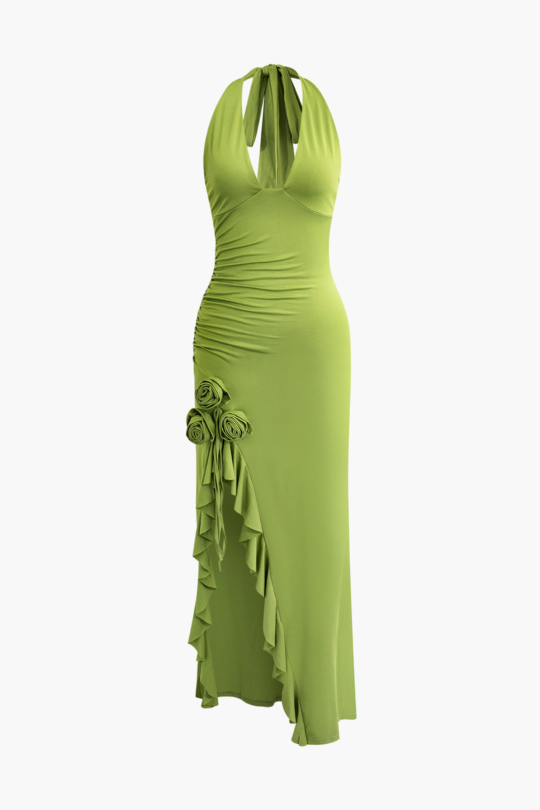 3D Flower Embellishments Ruffle Slit V-neck Halterneck Maxi Dress