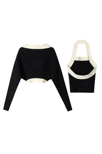 Contrast Trim Halter Knit Top And Cardigan Set