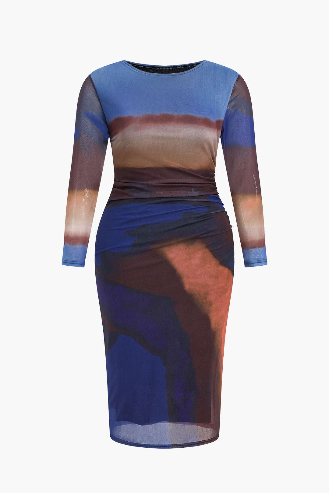 Plus Size Tie Dye Print Mesh Round Neck Ruched Long Sleeve Midi Dress