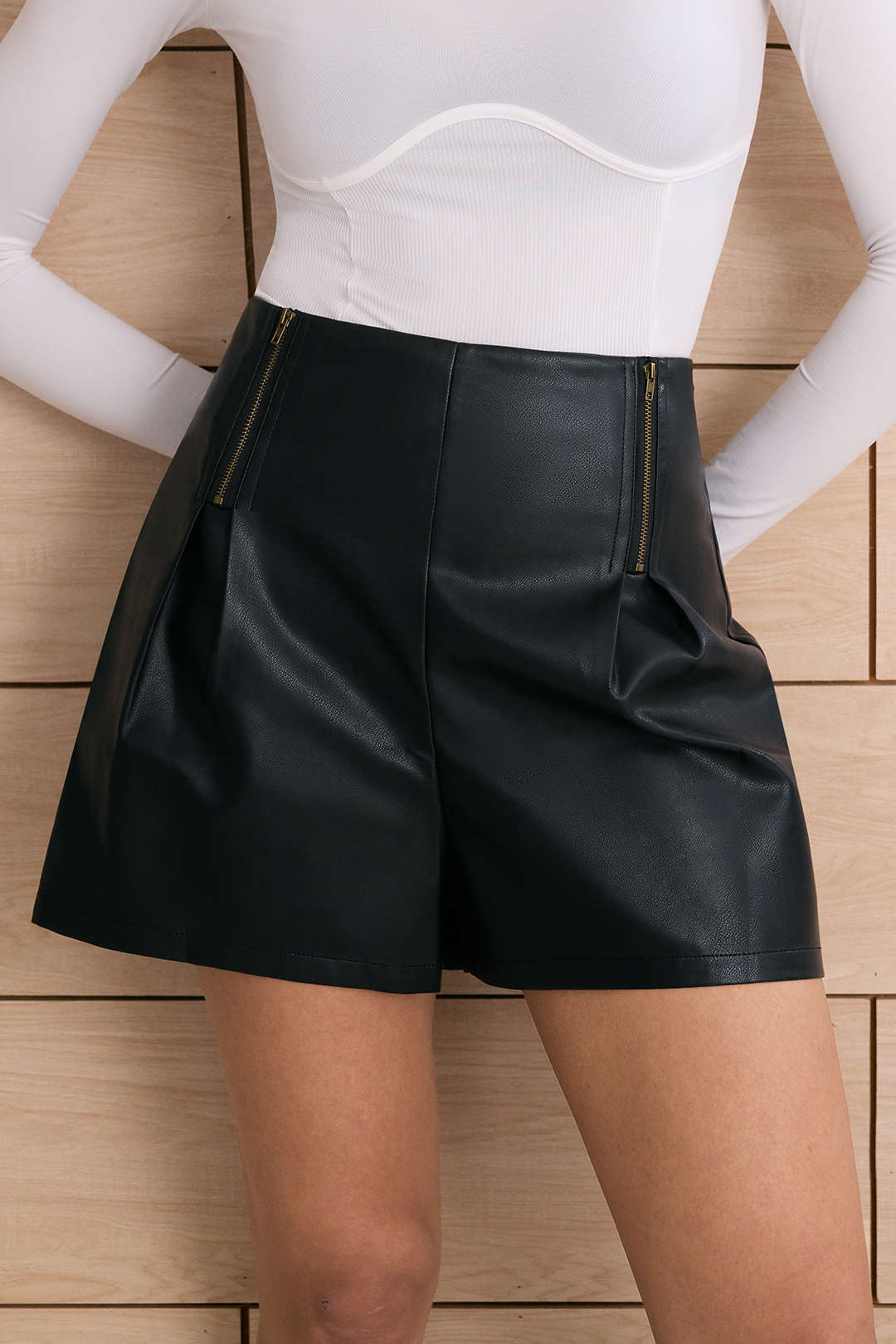 Faux Leather Ruched Zipper Shorts