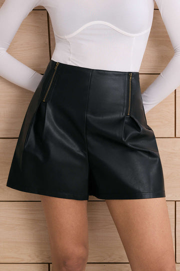 Faux Leather Ruched Zipper Shorts
