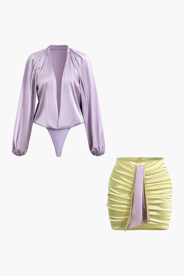 Ruched V-neck Bodysuit And Contrast Mini Skirt Set