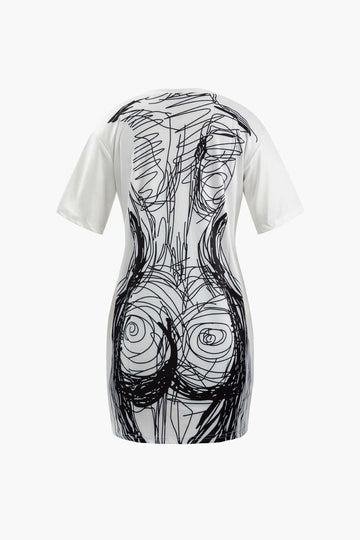 Abstract Line Print Short Sleeve Mini Dress