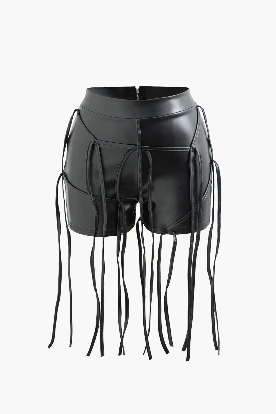 Faux Leather Fringe Detail Zip Up Shorts