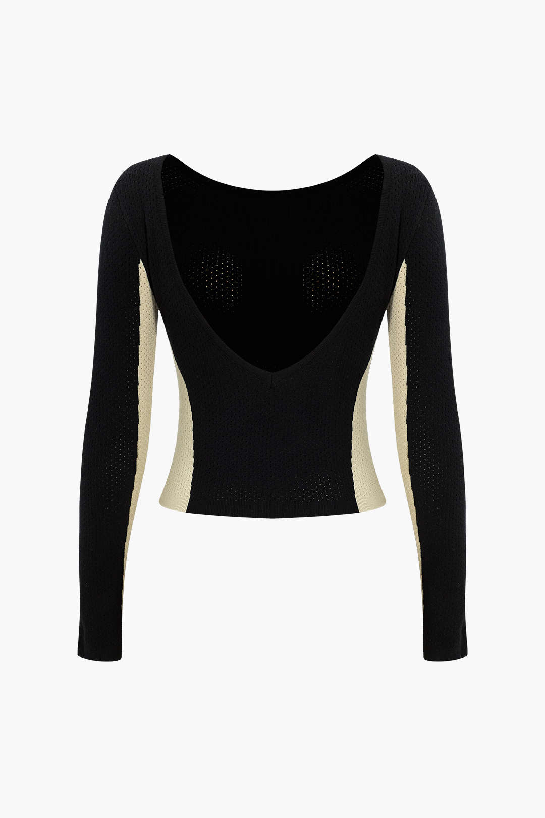 Contrast Knit Backless Patchwork Long-Sleeve Top