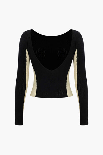 Contrast Knit Backless Patchwork Long-Sleeve Top