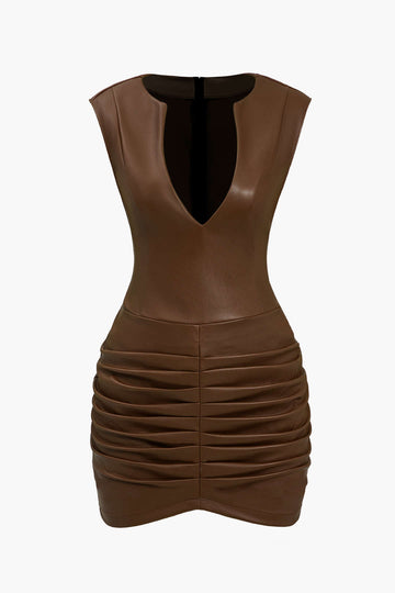 Ruched kunstnahast V-kaelusega minikleit Bodycon