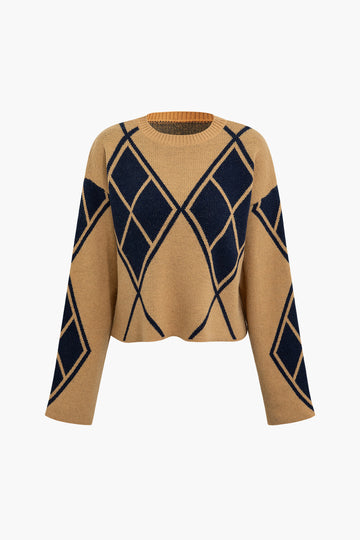 Diamond Pattern Round Neck Loose Fit Sweater