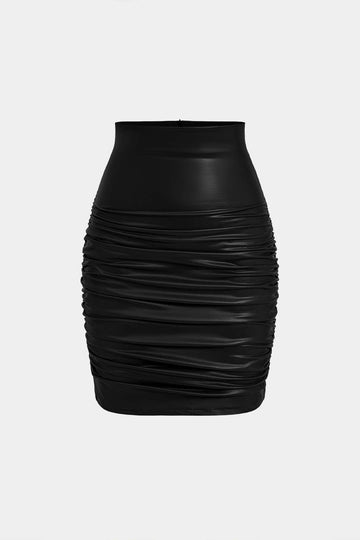 Solid Faux Leather Ruched Skirt