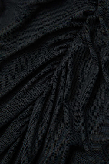 Patchwork Lace Mesh Cold Shoulder Ruched Slit Maxi Dress