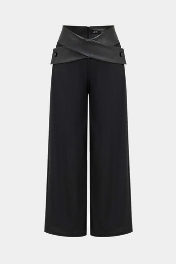 Solid Faux Leather Patchwork High Waist Crossed Pocket Trousers