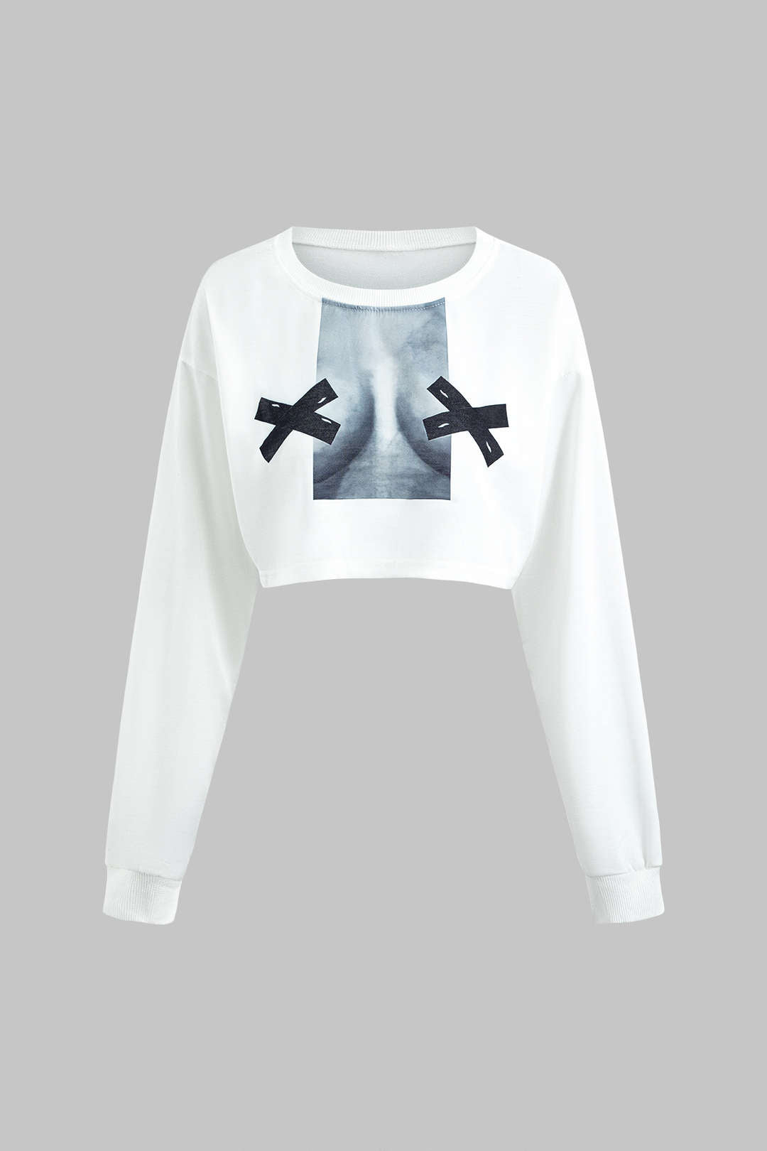 Body Print Round Neck Long Sleeve Crop Top