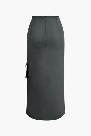 Asymmetric Belted Flap Pocket Split Maxi Skirt