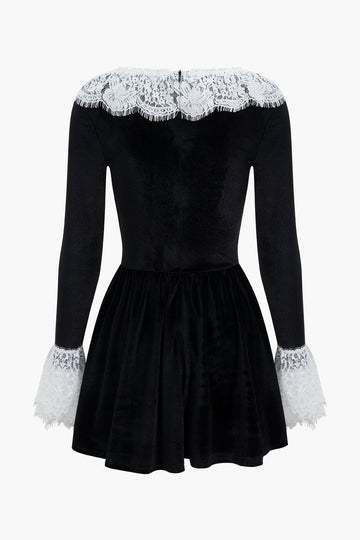 Lace Patchwork Velvet Long Sleeve Mini Dress