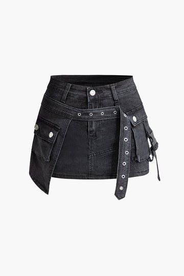Wrap Belt Flap Pocket Cargo Denim Mini Skirt