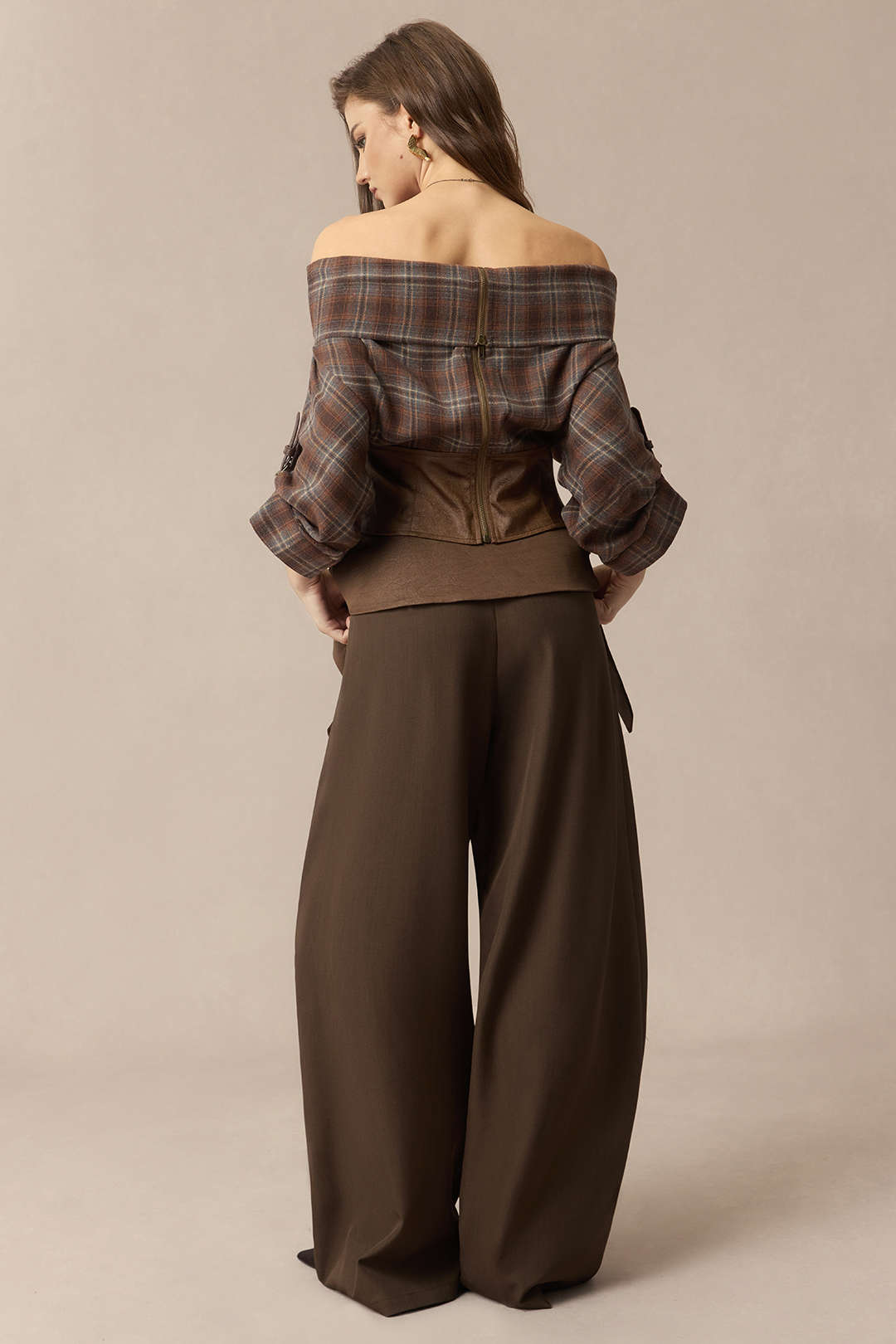 Satin Patchwork Zipper Barrel Trousers