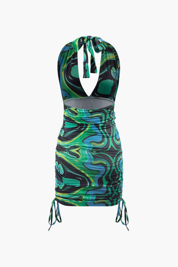 Printed Drawstring Ruched Halter Bodycon Mini Dress