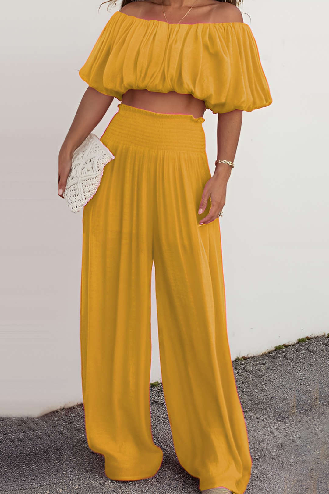 Pleated Off Shoulder Crop Tube Top And Wide Leg Pants Set