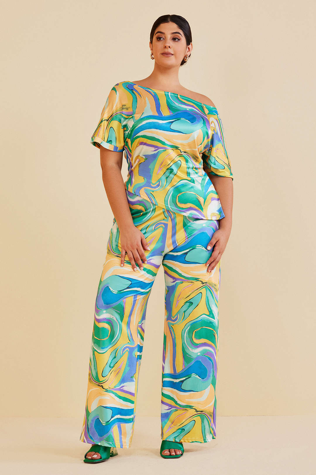 Plus Size Abstract Print Boat Neck Pants Set