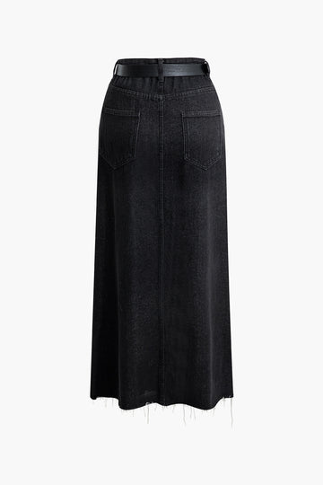 Frayed Hem High Waist Flap Pocket Split Denim Maxi Skirt With Belt