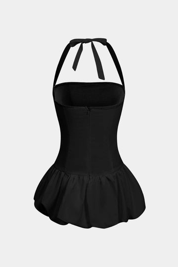 Solid Tie-Up Halter Neck Puff Mini Dress