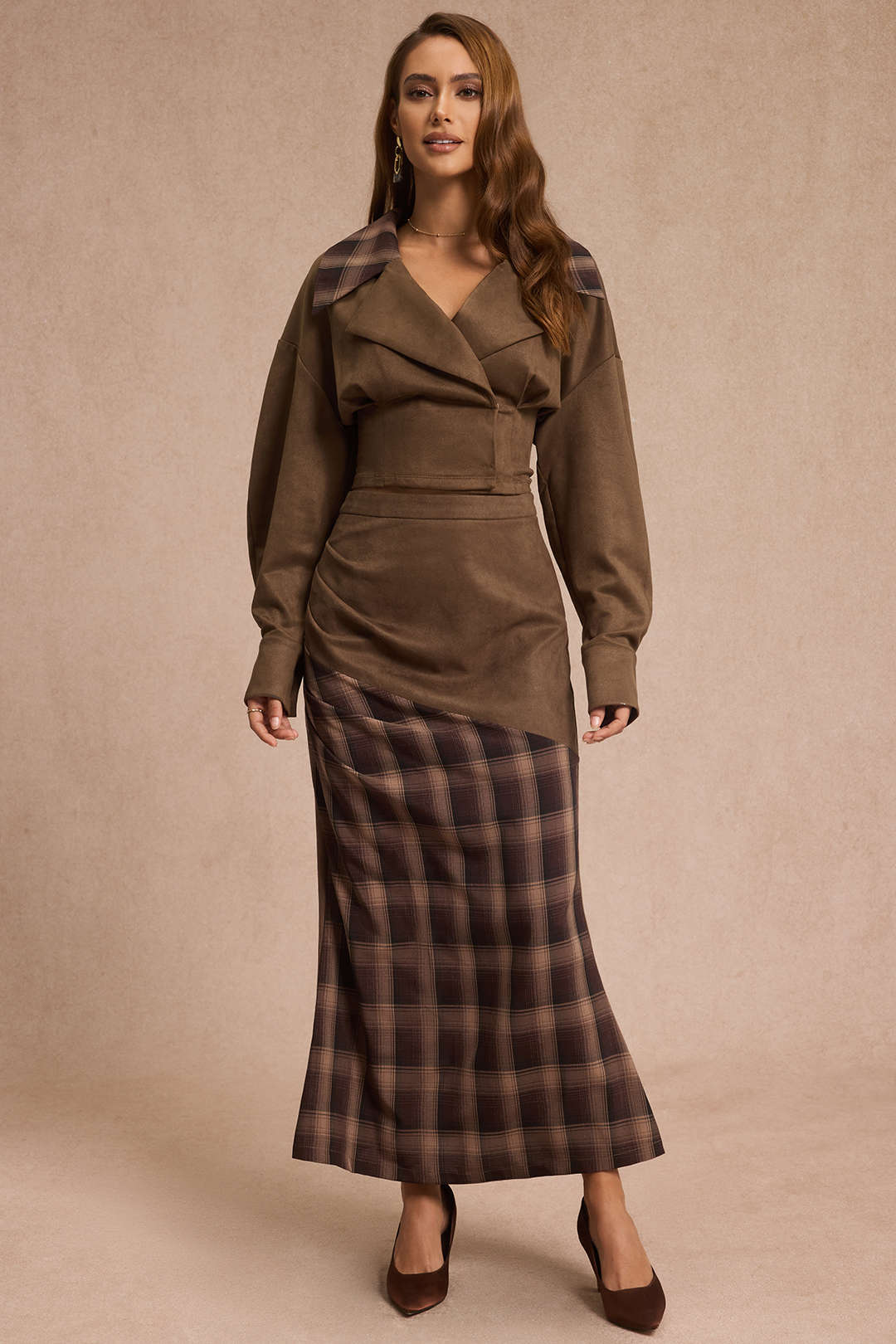 Suede Patchwork Plaid Print High Waist Skirt