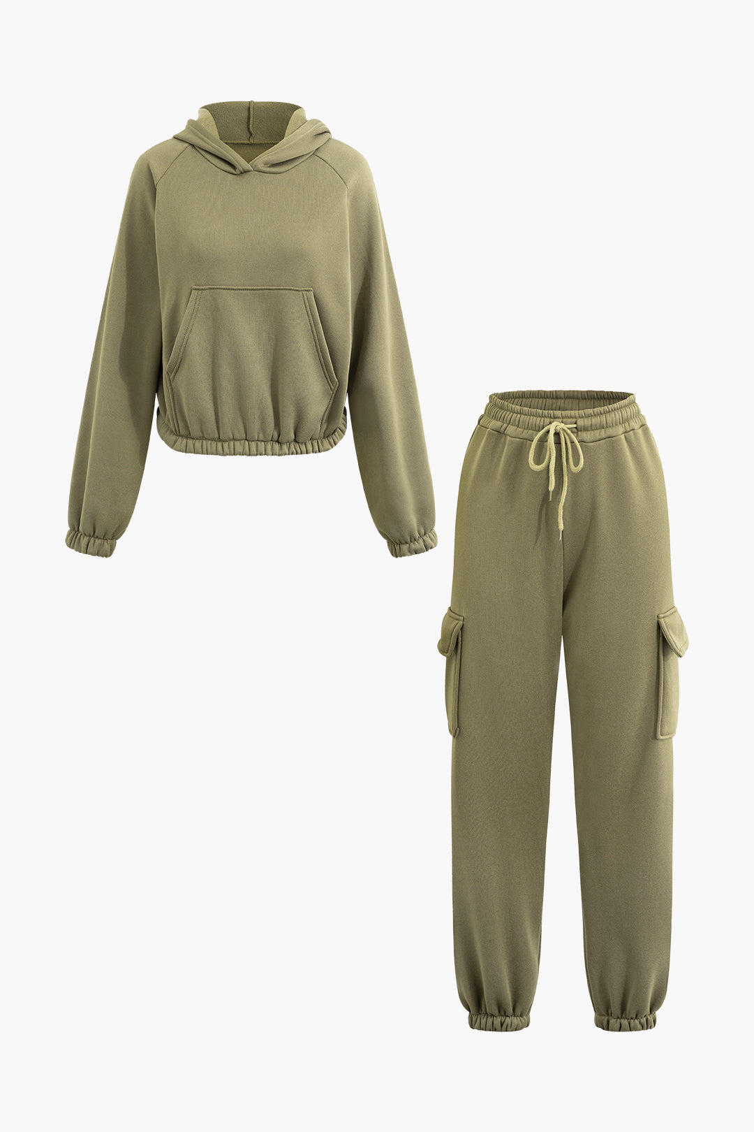 Solid Hooded Elastic Hem Sweatshirt And Flap Pocket Pants Set