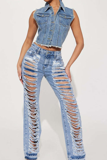 Frayed Ripped Low Rise Straight Leg Jeans