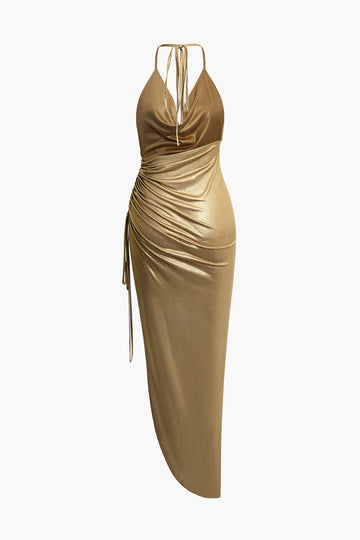 Metallic Asymmetrical Ruched Halter Midi Dress