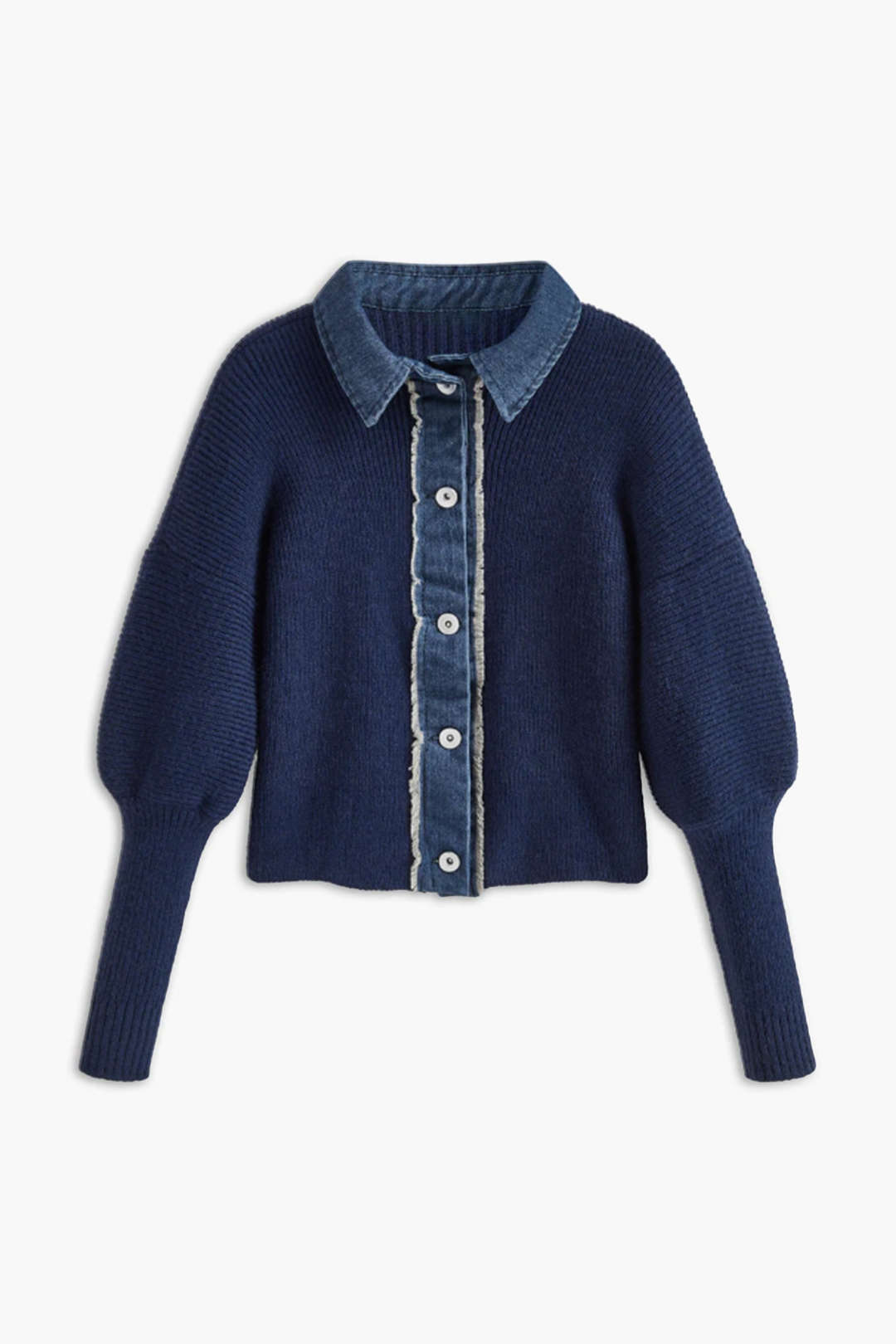 Denim Contrast Button-Up Sweater Cardigan