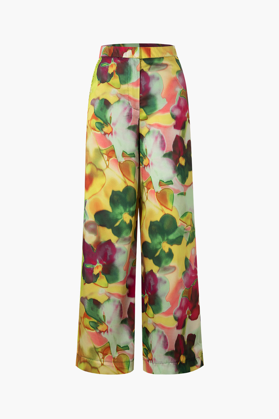 Floral Print High Waisted Satin Wide Leg Trousers