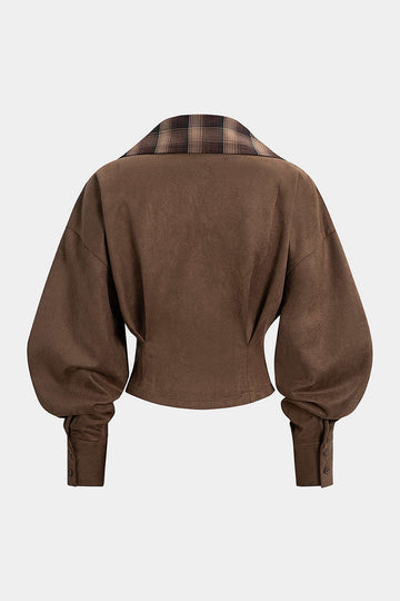 Suede Patchwork Notched Lapel Long-Sleeve Top