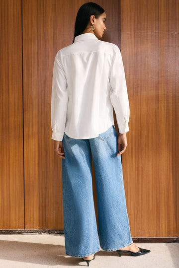 Denim Patchwork Frayed Asymmetrical Pocket Long-Sleeve Shirt