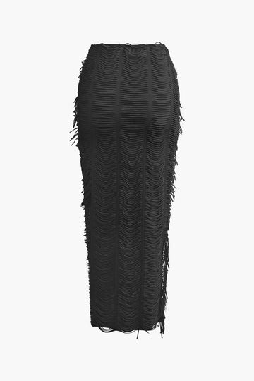 Distressed V-neck Cap Sleeve Crop Top And Slit Maxi Skirt Set